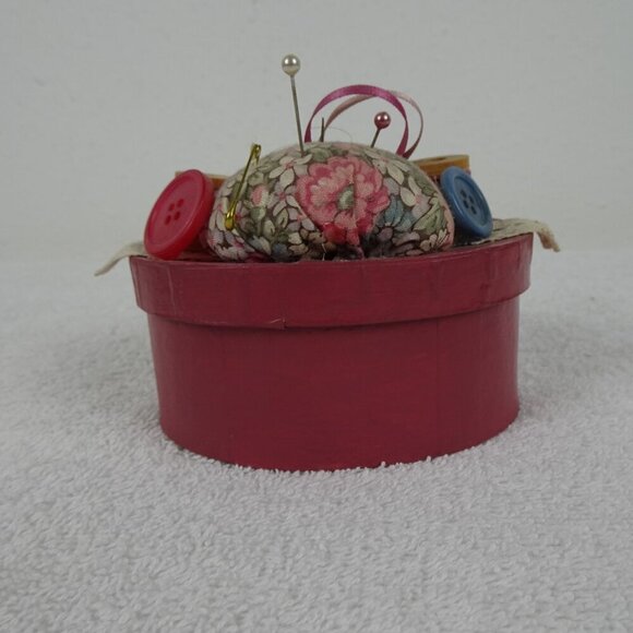 Vintage Sewing Box Pin Cushion Thread Button Organizer Storage 4 Inches Pink - Picture 4 of 10